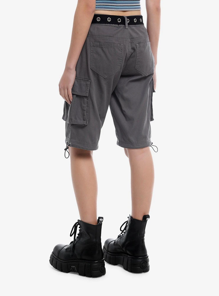 Grey Cargo Shorts With Grommet Belt