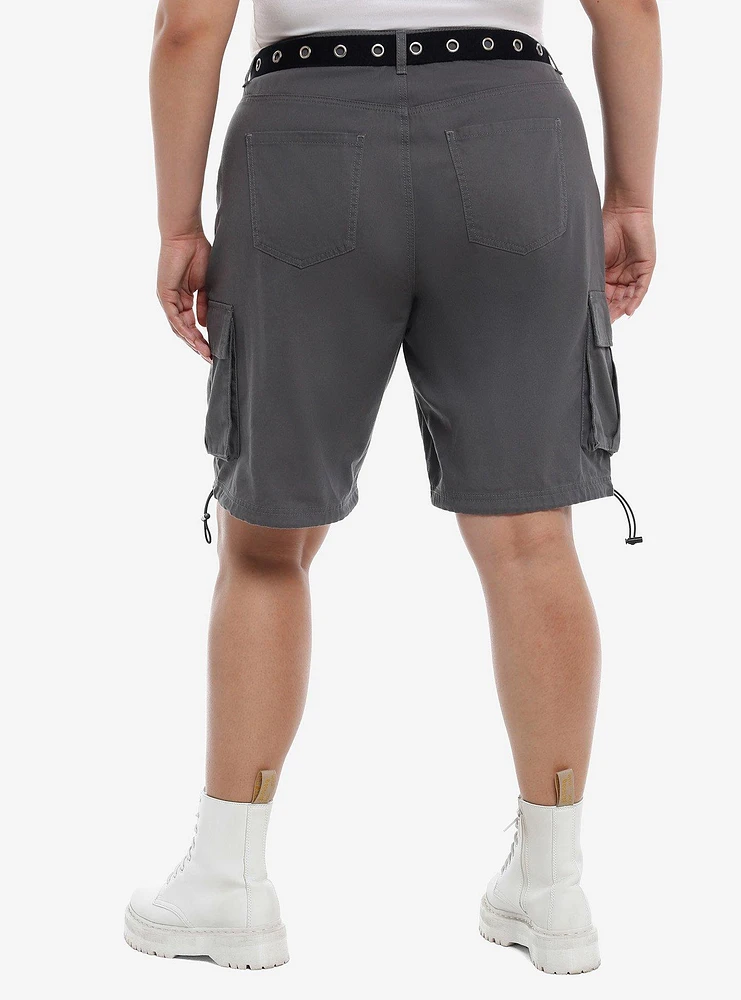 Grey Cargo Shorts With Grommet Belt Plus