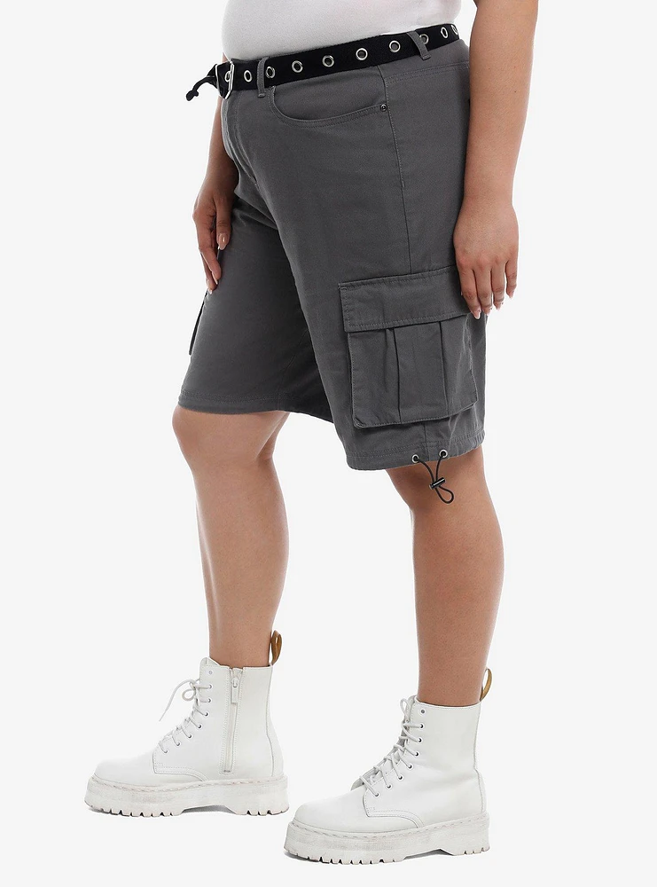 Grey Cargo Shorts With Grommet Belt Plus