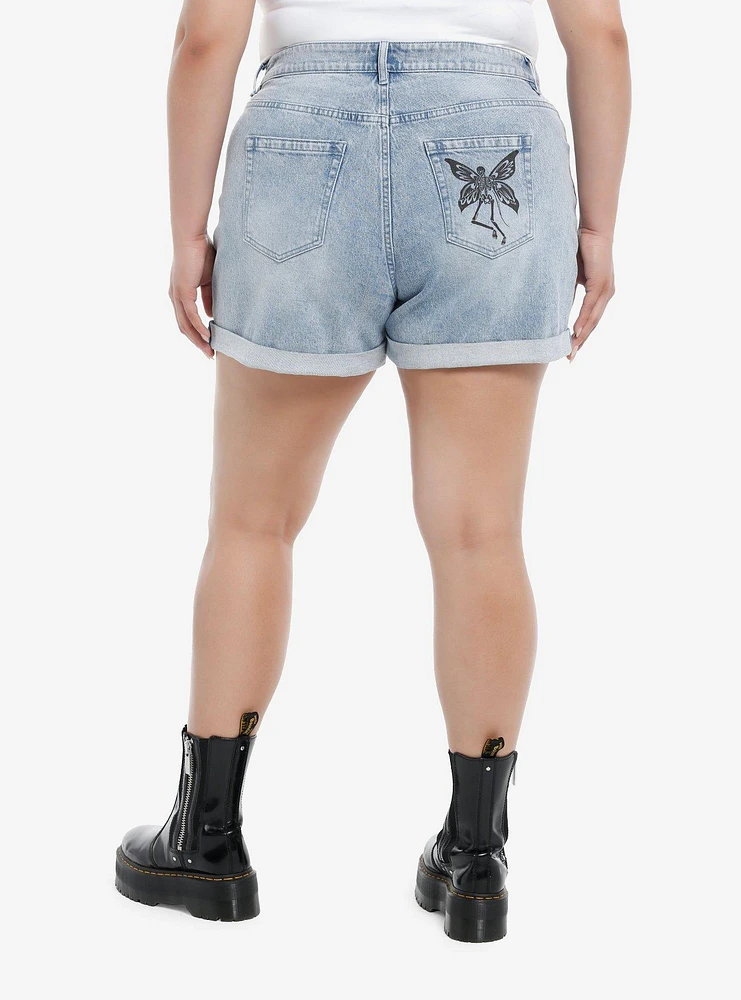 Thorn & Fable Skull Fairy High-Waisted Denim Shorts Plus