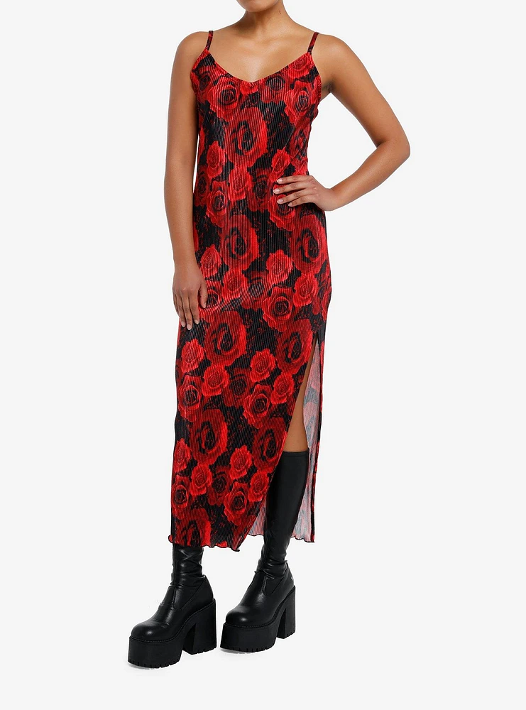 Red & Black Rose Ribbed Cami Maxi Dress