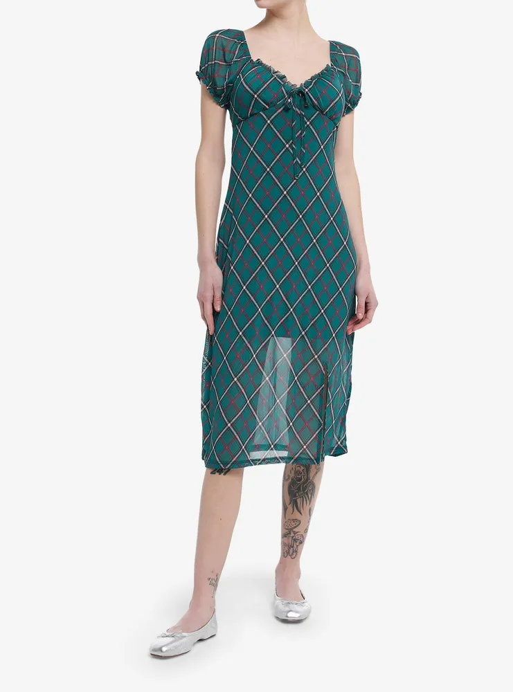 Green Plaid Empire Ruffle Midi Dress