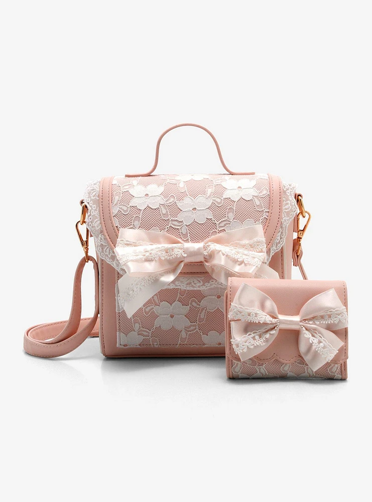 Pink Lace Bow Crossbody Bag
