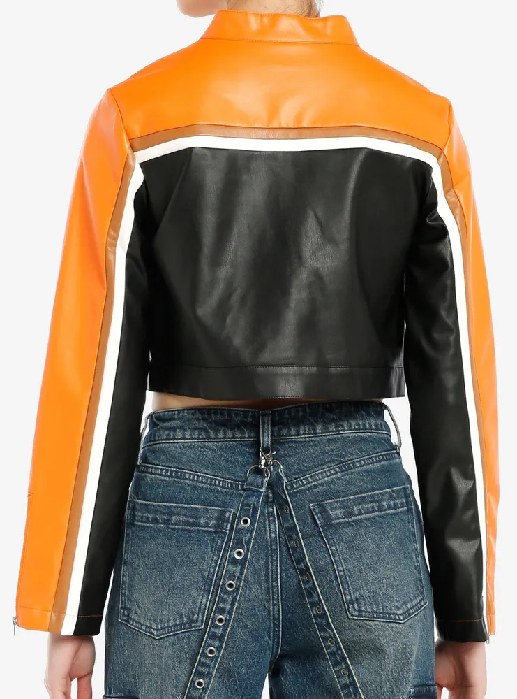Black Orange & Brown Stripe Faux Leather Girls Crop Moto Jacket