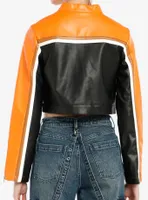 Black Orange & Brown Stripe Faux Leather Girls Crop Moto Jacket