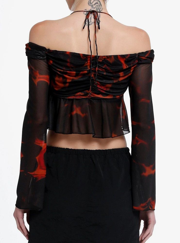 Black & Orange Halter Cold Shoulder Girls Long-Sleeve Crop Top