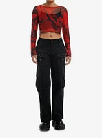 Red & Black Faces Girls Mesh Long-Sleeve Top