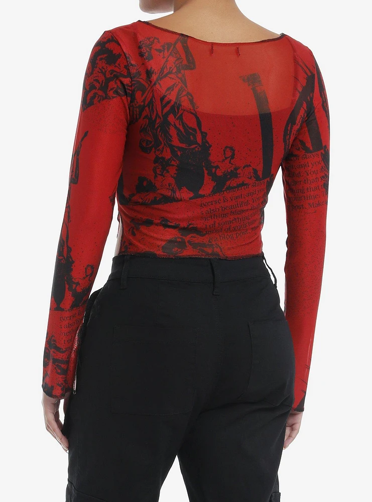 Red & Black Faces Girls Mesh Long-Sleeve Top