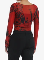 Red & Black Faces Girls Mesh Long-Sleeve Top