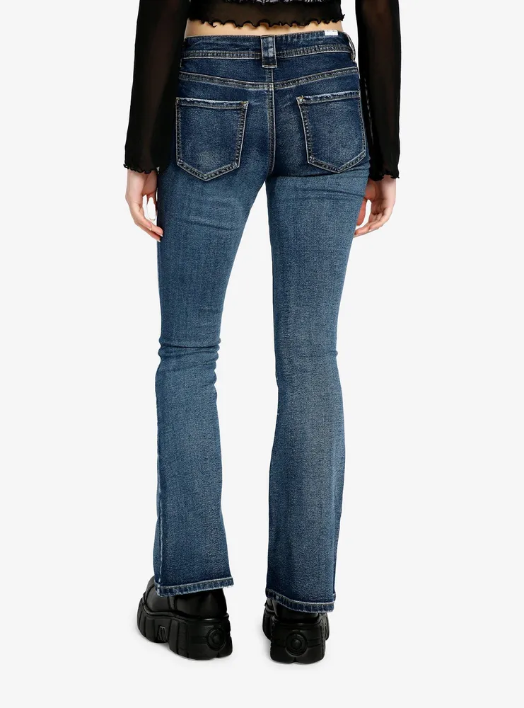 Washed Indigo Front Pocket Flare Jeans