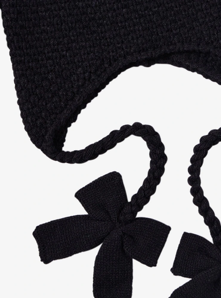 Black Bow Bunny Ear Tassel Beanie