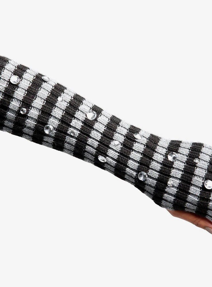 Grey & Black Stripe Rhinestone Arm Warmers