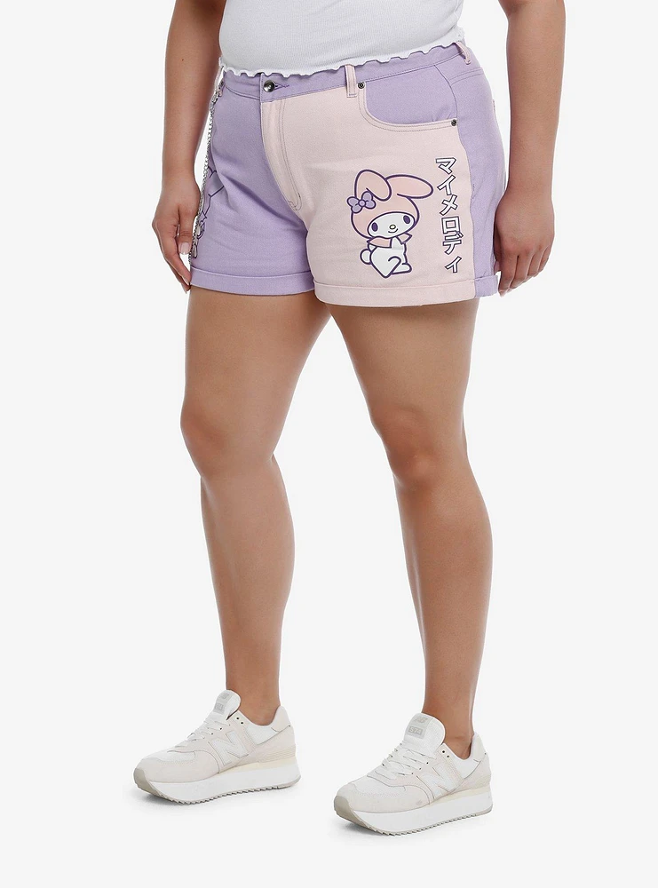 My Melody & Kuromi Pastel Color-Block Girls Denim Shorts Plus