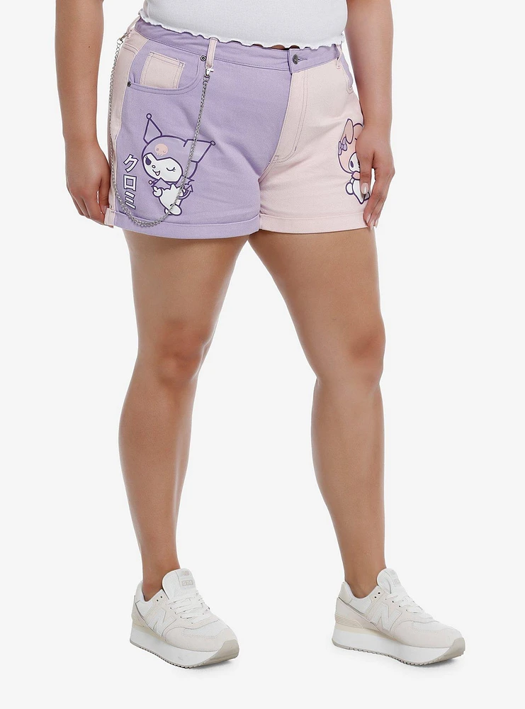 My Melody & Kuromi Pastel Color-Block Girls Denim Shorts Plus