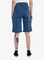 Indigo Suspender Long Denim Cargo Shorts