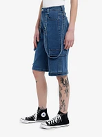 Indigo Suspender Long Denim Cargo Shorts