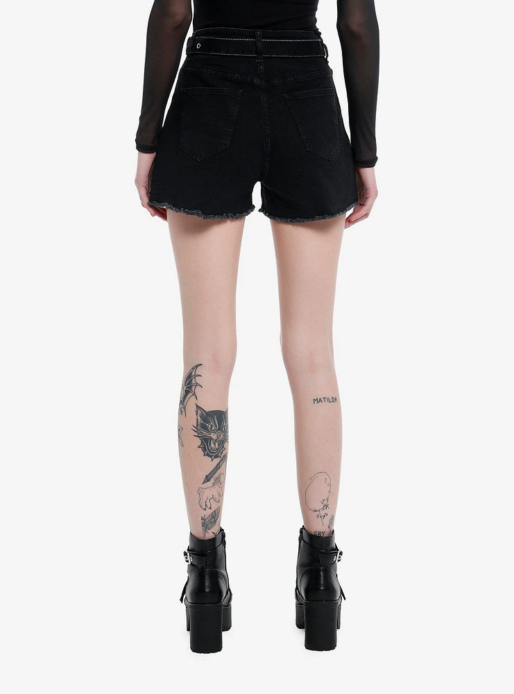 Black Zipper High Rise Shorts With Belt