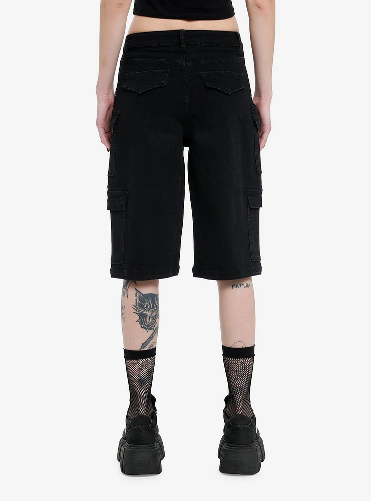 Black Double Cargo Pocket Girls Long Shorts