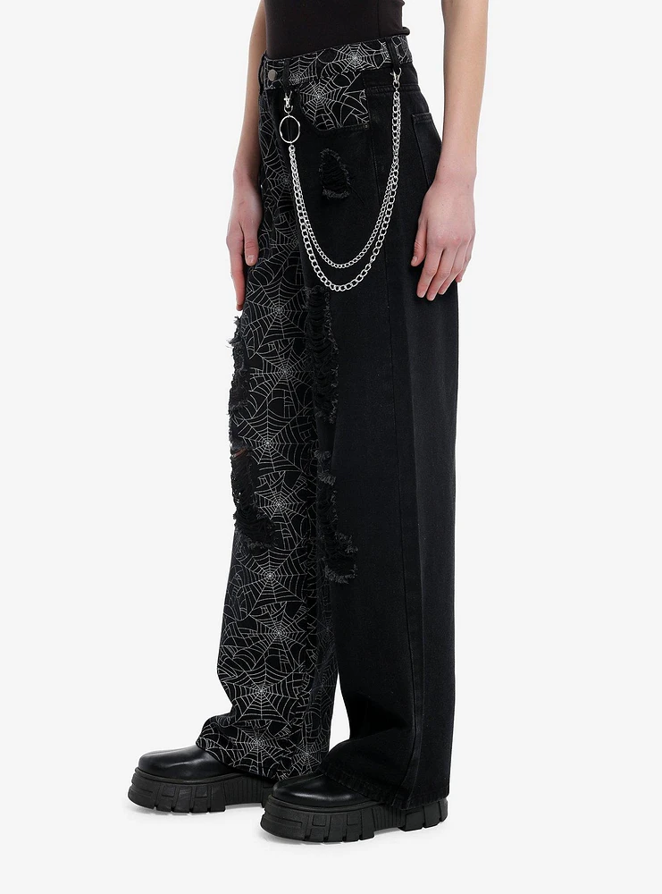 Black Destructed Spiderweb Split Wide Leg Pants