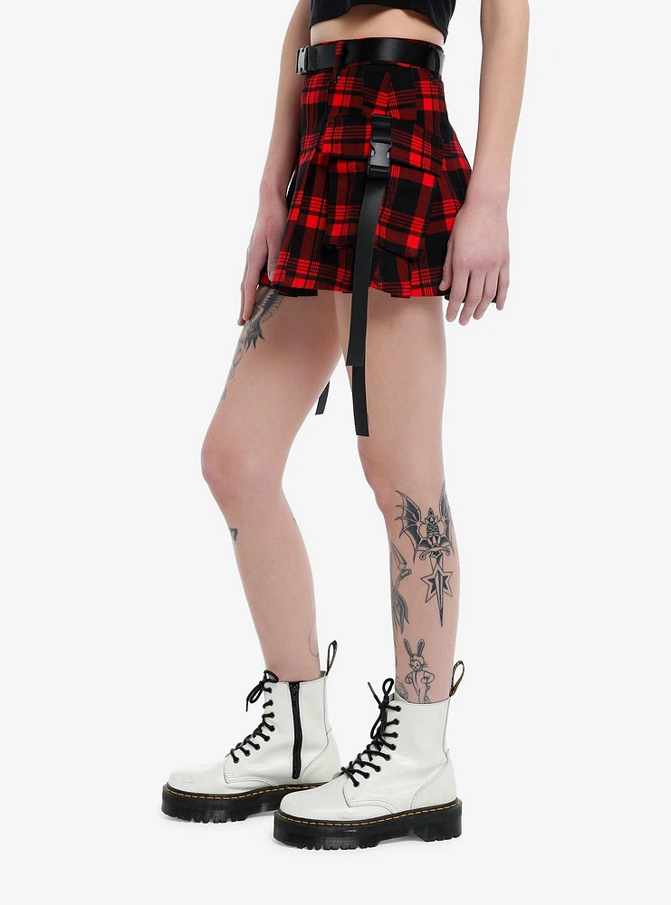 Red Plaid Buckle Pleated Skirt With Belt
