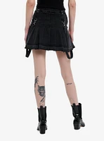 Black Destructed Suspender Pleated Skirt