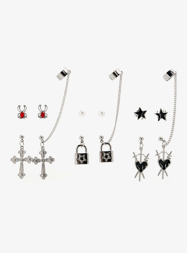 Social Collision Goth Cross Spider Cuff Earring Set