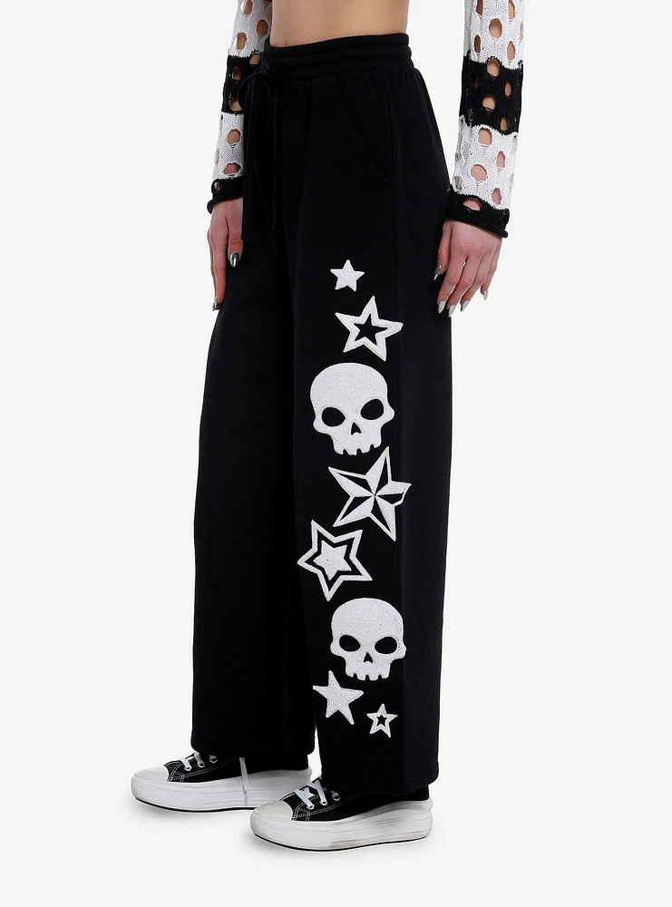 Skull Star Fuzzy Patch Wide Leg Girls Lounge Pants