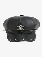 Black Faux Leather Skull Spike Cabbie Hat