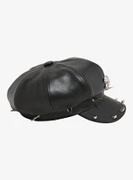 Black Faux Leather Skull Spike Cabbie Hat