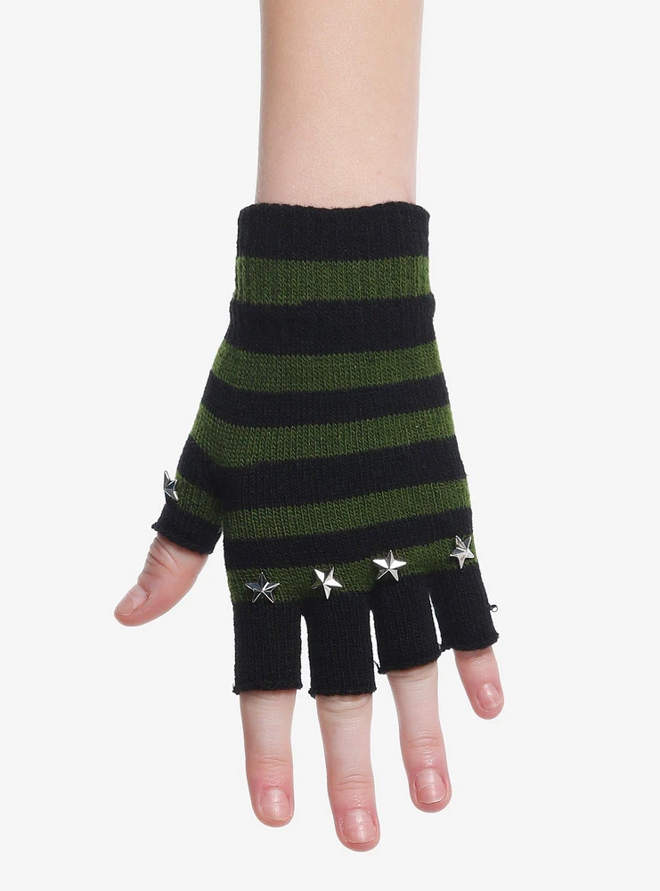 Green & Black Stripe Star Stud Fingerless Gloves