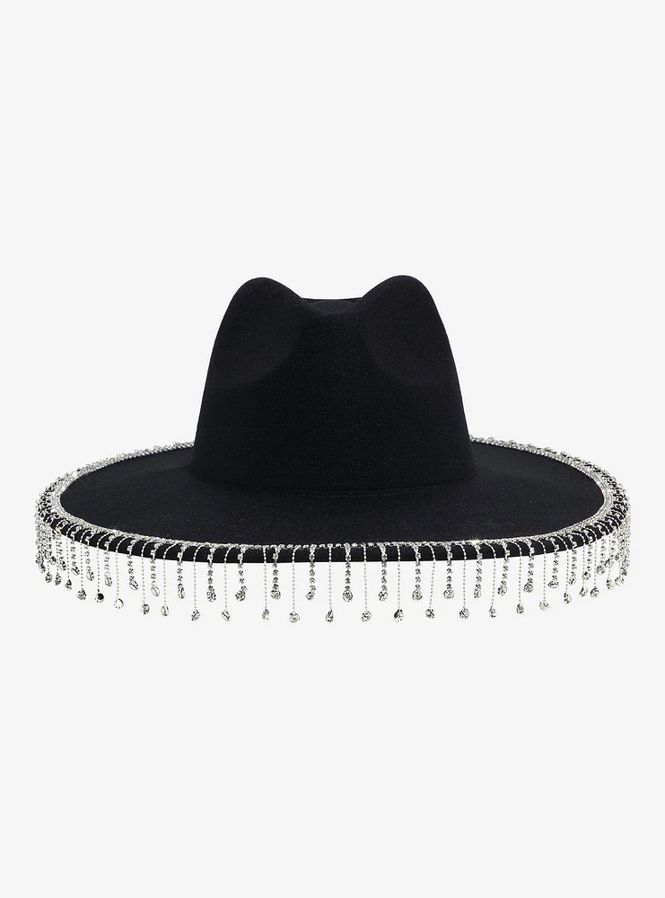 Black Rhinestone Fringe Wide-Brim Hat