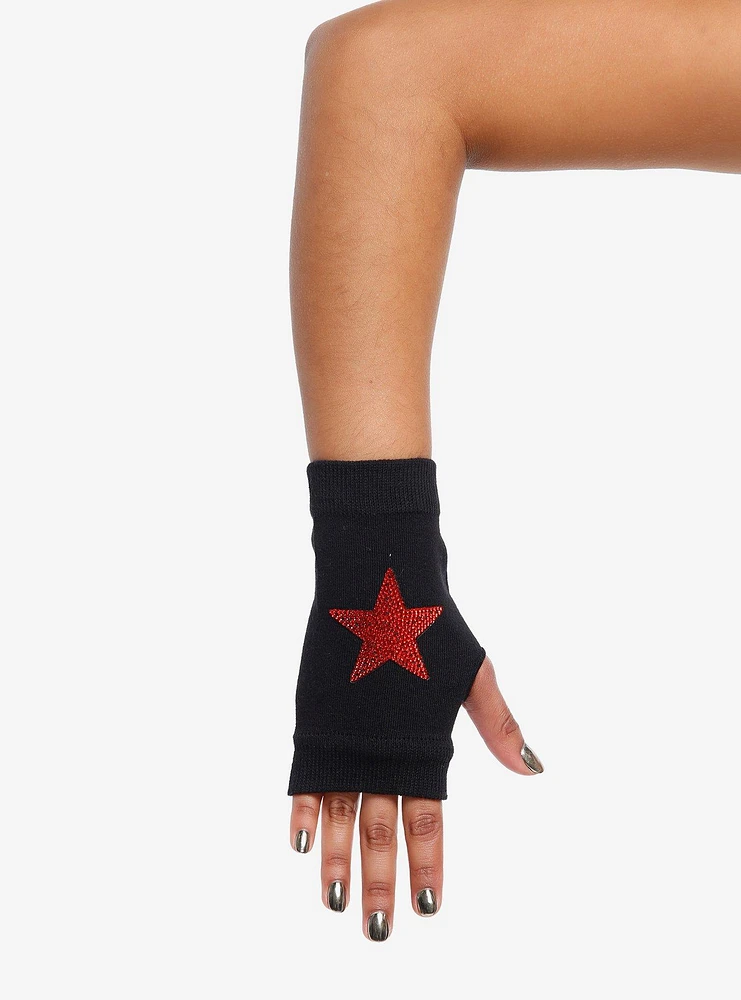 Red Glitter Star Fingerless Gloves
