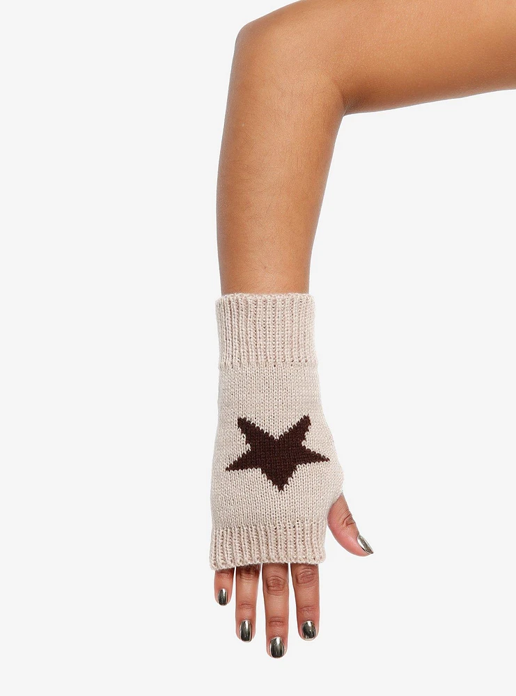 Tan & Brown Star Fingerless Gloves