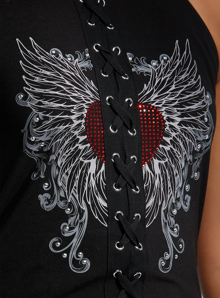 Social Collision Winged Heart Lace-Up Girls Tank Top