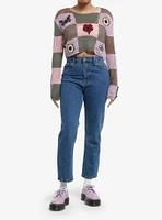 Thorn & Fable Pink Brown Checker Patches Girls Crop Knit Sweater