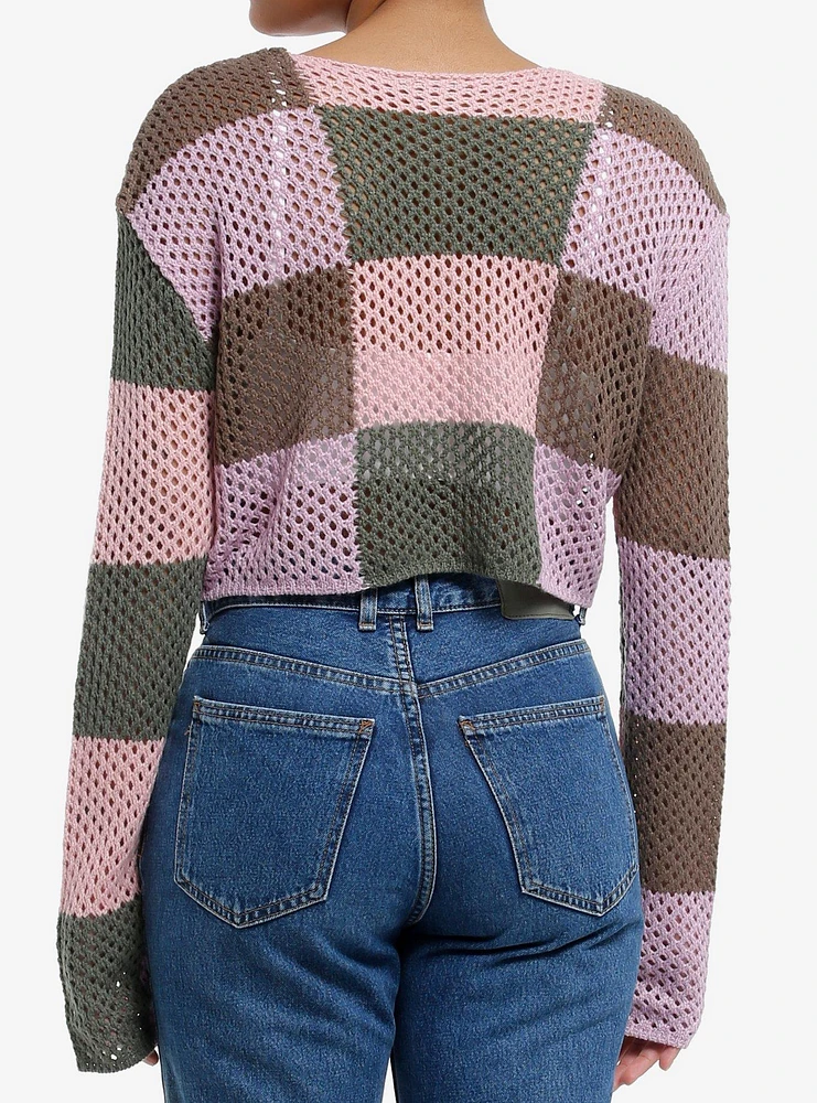Thorn & Fable Pink Brown Checker Patches Girls Crop Knit Sweater