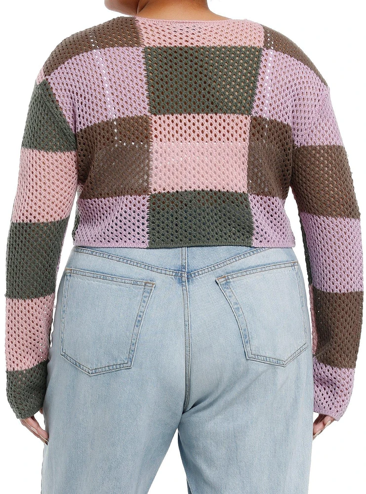 Thorn & Fable Pink Brown Checker Patches Girls Crop Knit Sweater Plus