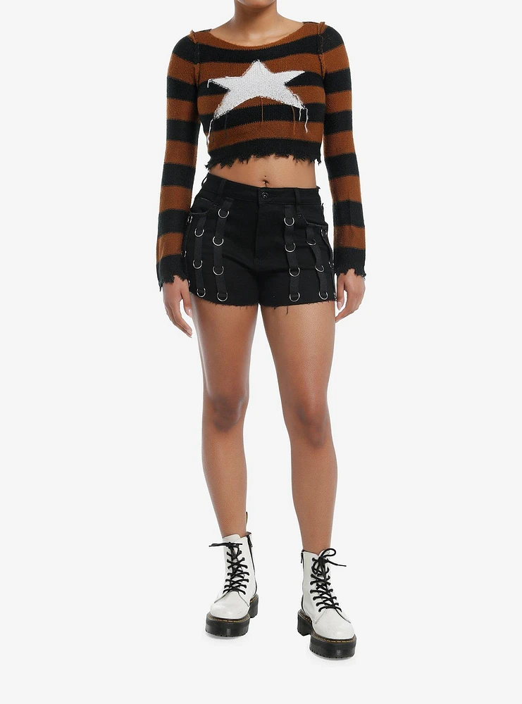 Social Collision Brown & Black Stripe Star Girls Crop Sweater