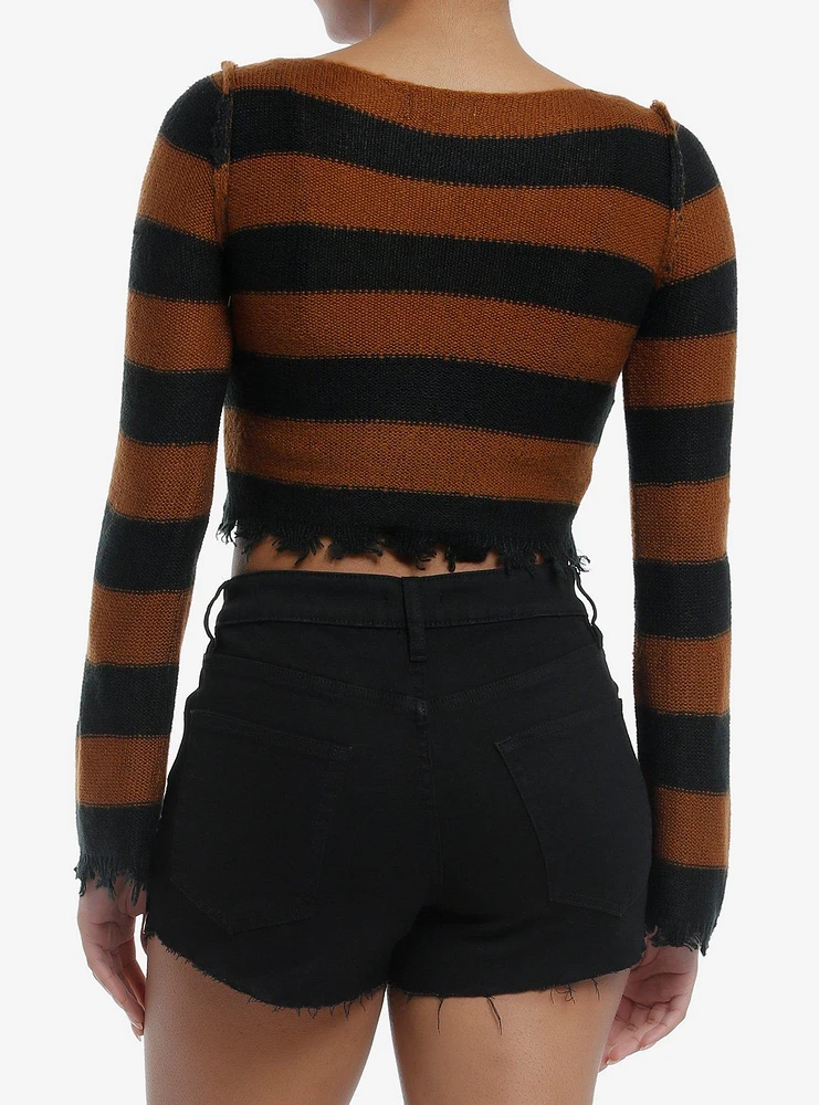 Social Collision Brown & Black Stripe Star Girls Crop Sweater