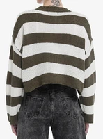 Olive & White Stripe Girls Crop Sweater