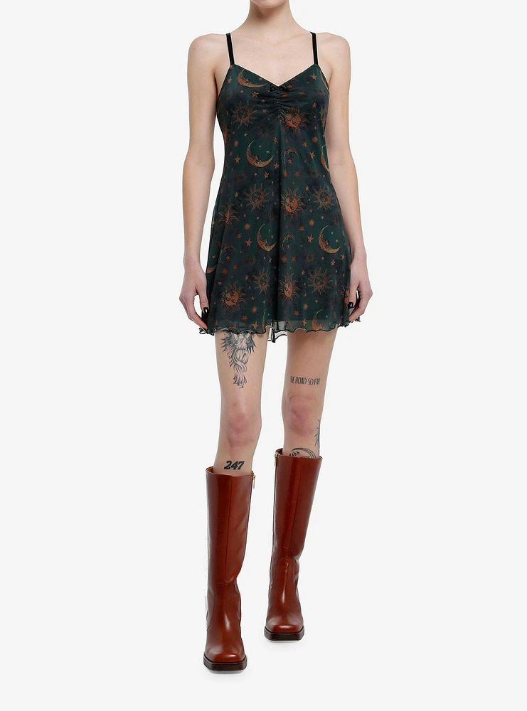 Cosmic Aura Green & Gold Celestial Print Mini Dress