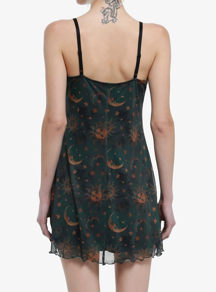 Cosmic Aura Green & Gold Celestial Print Mini Dress