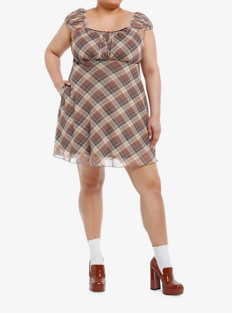 Sweet Society Brown Plaid Rose Babydoll Dress Plus