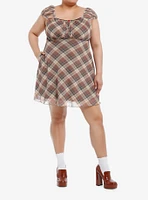 Sweet Society Brown Plaid Rose Babydoll Dress Plus