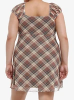 Sweet Society Brown Plaid Rose Babydoll Dress Plus