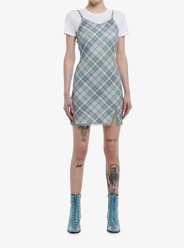 Teal Plaid Twofer Dress