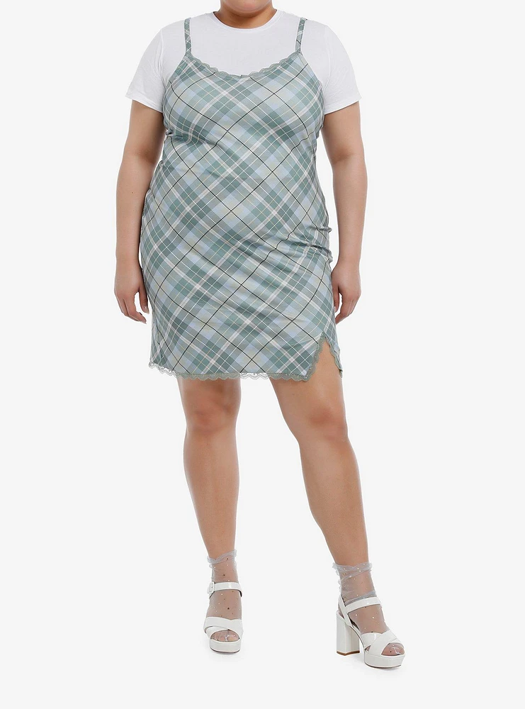 Teal Plaid Twofer Dress Plus