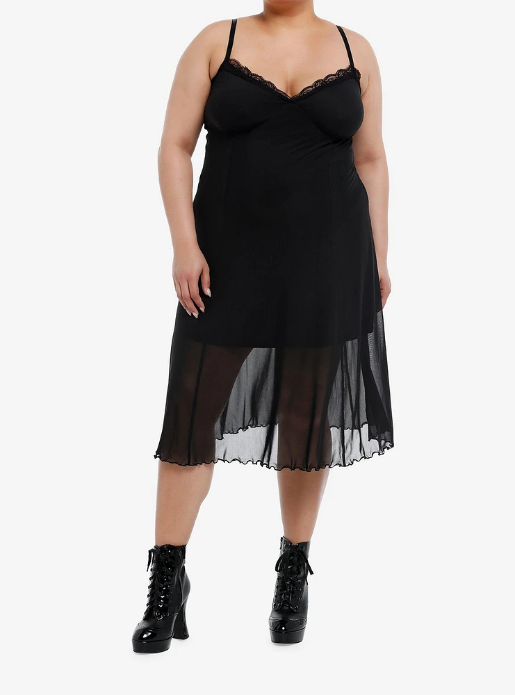 Cosmic Aura Black Lace Mesh Midi Dress Plus
