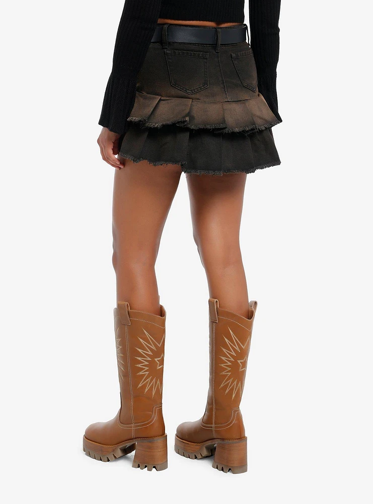 Cosmic Aura Western Belt Brown Wash Pleated Denim Skirt