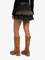 Cosmic Aura Western Belt Brown Wash Pleated Denim Skirt